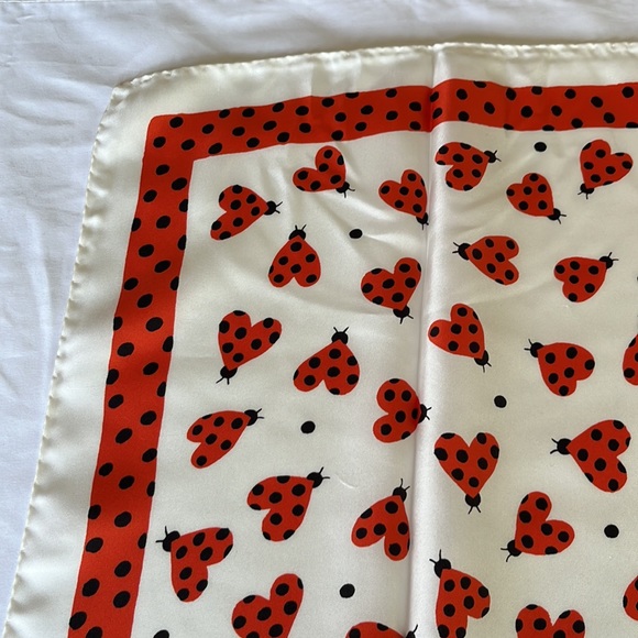 Moschino Boutique Silk Scarf Red Heart Lady Bugs 26โx26โ - Picture 6 of 8